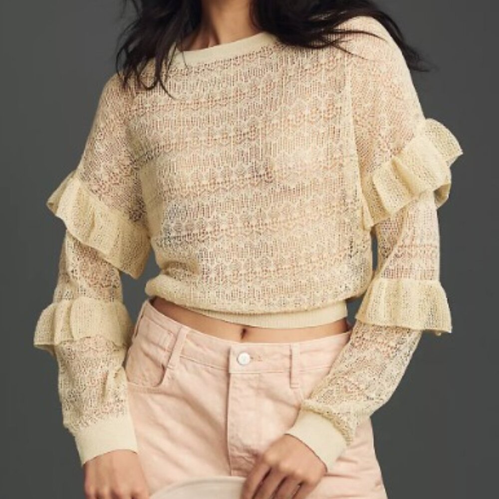 Anthropologie Ruffle Sleeve Pointelle  Sweater - L - Cream - NWOT